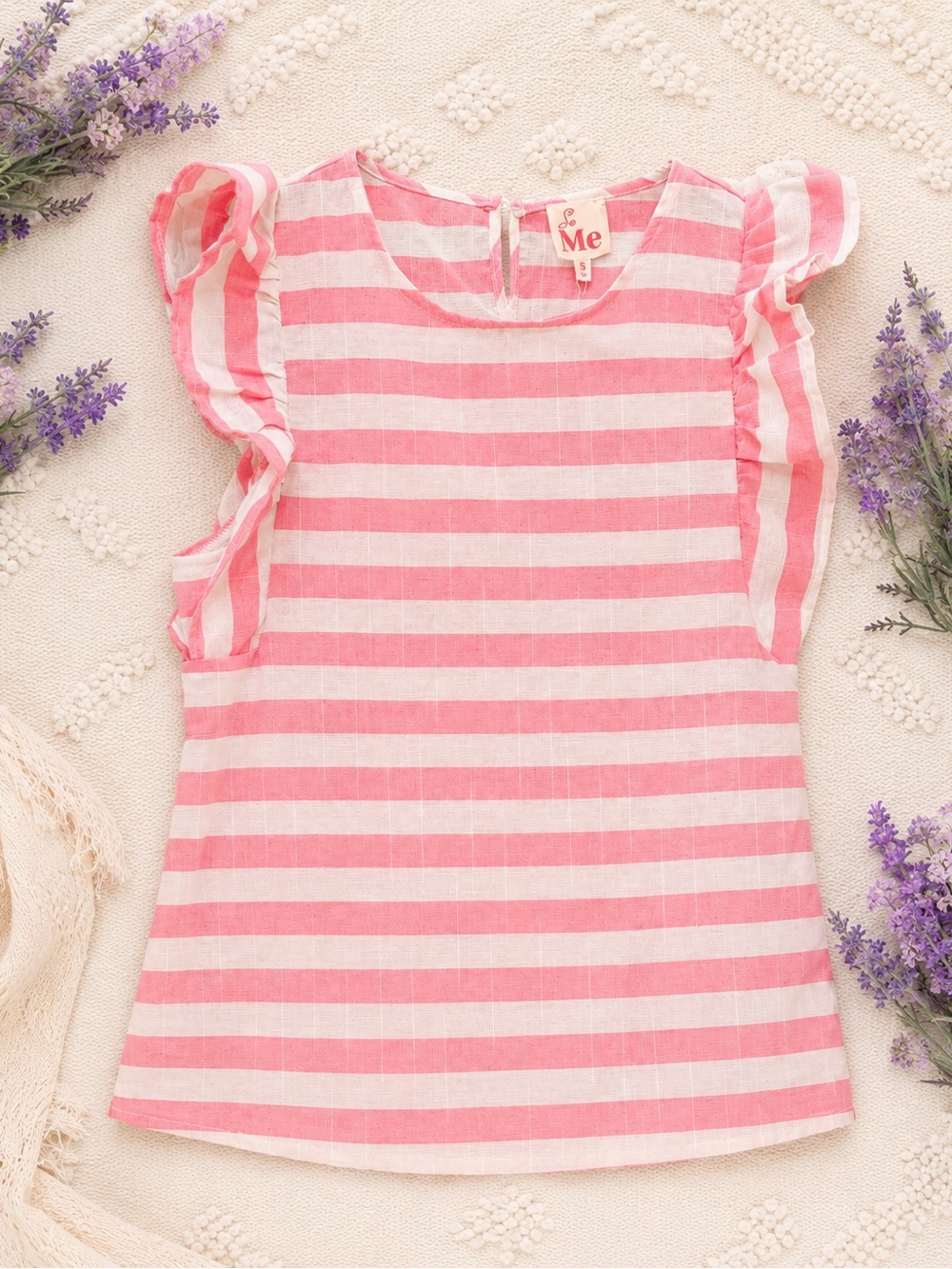 So Me Pink White Striped Ruffle Sleeve Blouse NWT Size Small